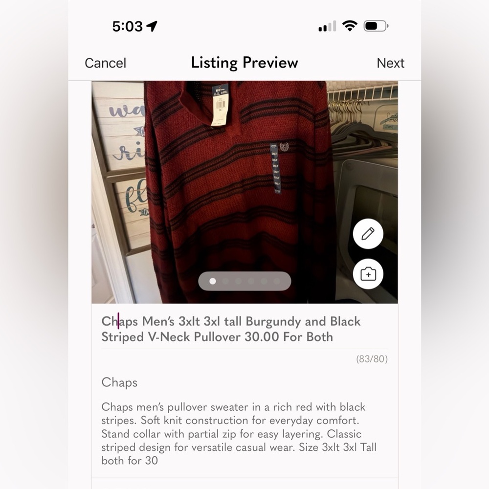 Chaps Men's Burgundy and Black V-Neck Striped Sweater